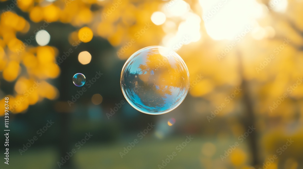 A large soap bubble floats in the air, reflecting the sun and trees. A large soap bubble floats in the air, reflecting the sun and trees.