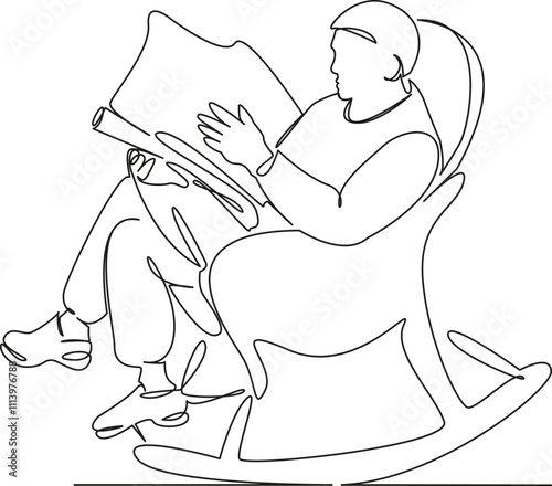 One continuous single drawing line art flat doodle man in rocking chair reading, news, world news, leisure. Isolated image hand draw contour on a white background, hand drawn, not AI
