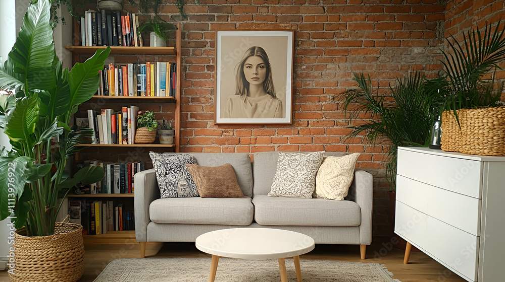 Fototapeta premium Cozy living room with modern decor featuring a brick wall and artistic portrait in a bright space