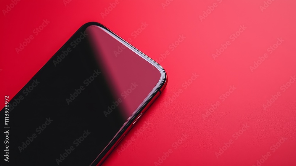 Close up Shot of a Sleek Black Mobile Phone at a 45 Degree Angle on a Vibrant Red Background Close up Shot of a Sleek Black Mobile Phone at a 45 Degree Angle on a Vibrant Red Background