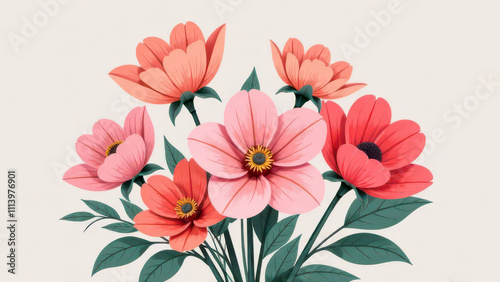 Vibrant coral and pink flowers bouquet with green leaves on light background