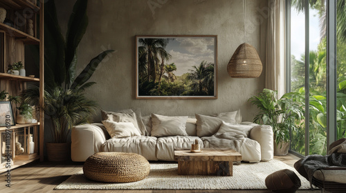 A mockup poster frame set within a tropical, rustic, minimal, and bohemian-style living room interior. The space is designed with earthy tones, natural textures, and relaxed vibes. 