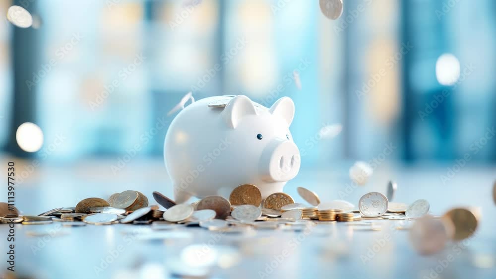 A white piggy bank sits on a surface as coins fall around it in a well-lit area. The focus is on the act of saving money and the importance of financial planning