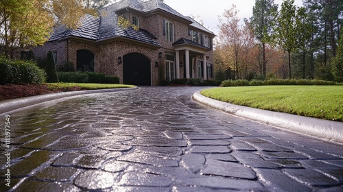 Dark cobblestone driveway leading to a luxurious brick house. Perfect for real estate, architecture, and landscaping websites.