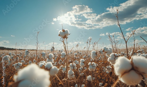 Vast cotton fields with fully bloomed white cotton plants, showcasing the agricultural richness of Xinjiang and the textile industry's raw material source.
