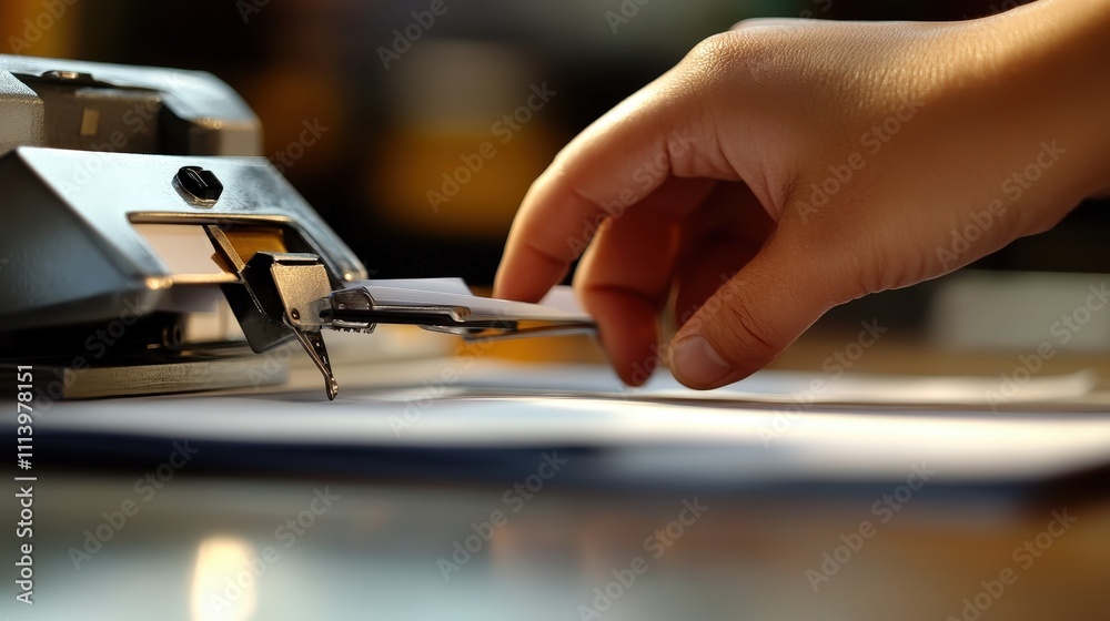 A hand reaches for the stapler, pressing down firmly to bind the documents together. The metal mechanism clicks as the staple locks papers in place, ensuring order on the desk A hand reaches for the stapler, pressing down firmly to bind the documents together. The metal mechanism clicks as the staple locks papers in place, ensuring order on the desk