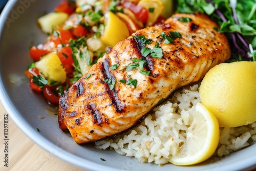 grilled lemon garlic butter salmon served with rice, fresh vegetables, lemon wedges, healthy gourmet meal