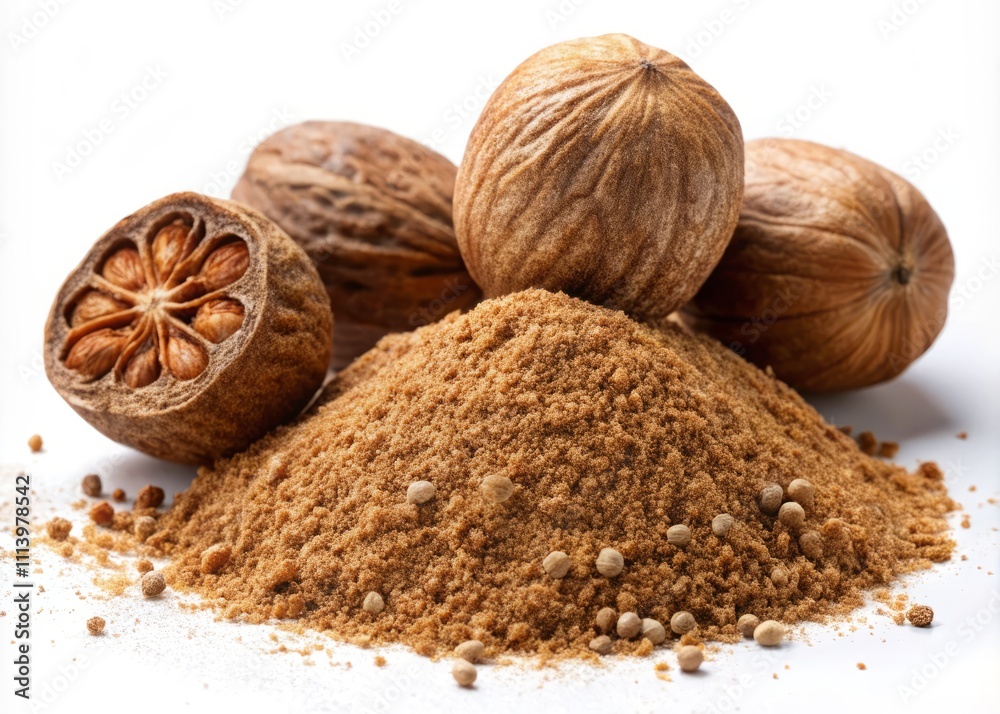 Nutmeg and Ground Nutmeg Heap Isolated on White Background for Culinary Use, Spice Decoration, and Food Photography Enthusiasts Nutmeg and Ground Nutmeg Heap Isolated on White Background for Culinary Use, Spice Decoration, and Food Photography Enthusiasts