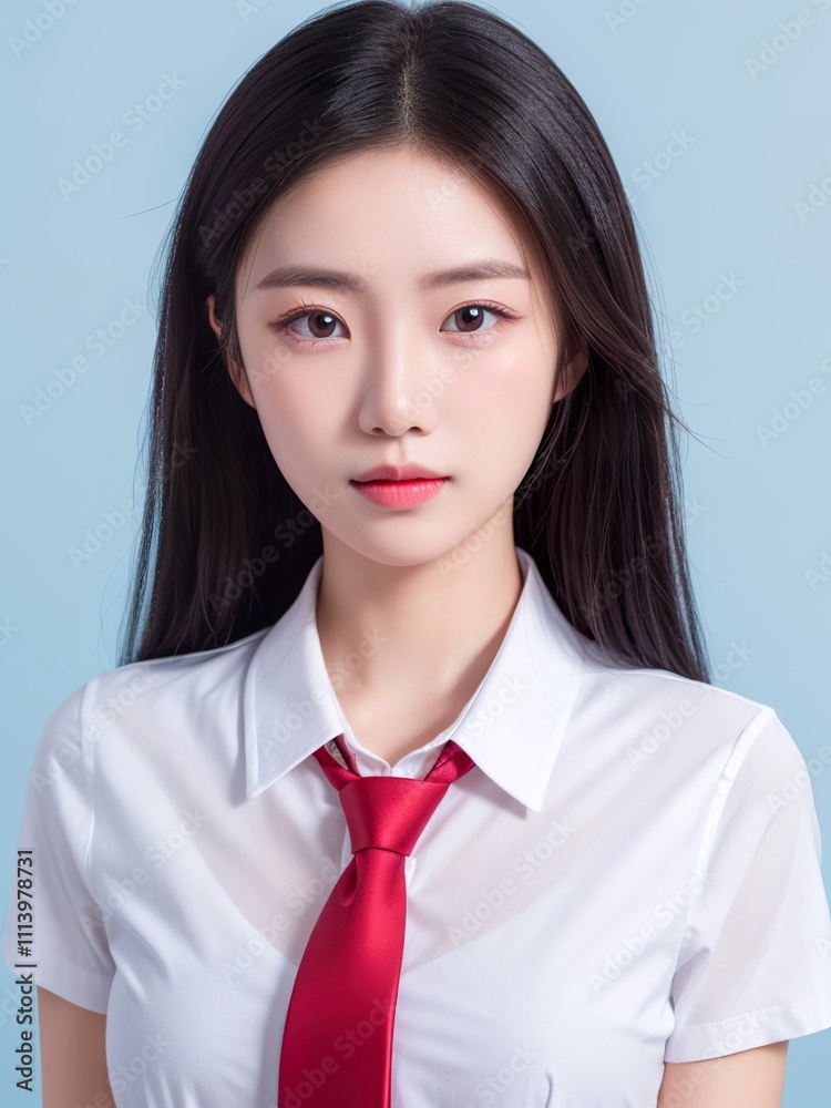 A young Asian woman with long dark hair, wearing a crisp white shirt and a tie, looks directly at the camera with a serious yet calm expression in a professional identification profile A young Asian woman with long dark hair, wearing a crisp white shirt and a tie, looks directly at the camera with a serious yet calm expression in a professional identification profile