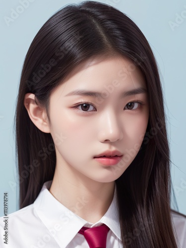 A young Asian woman with long dark hair, wearing a crisp white shirt and a tie, looks directly at the camera with a serious yet calm expression in a professional identification profile