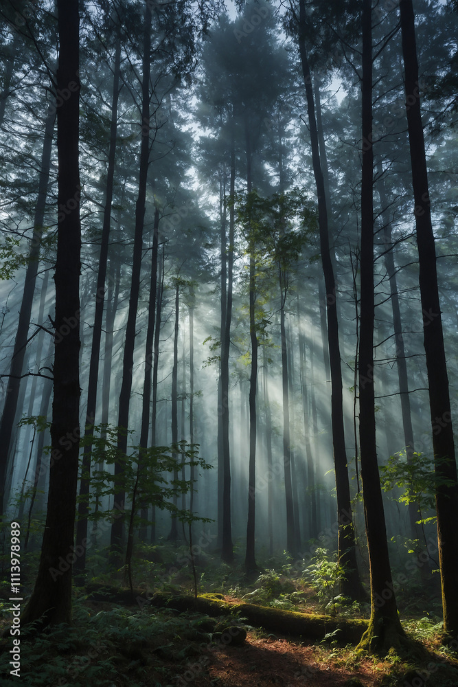 Naklejka premium surreal composition of vertical beams of light in a foggy forest fog
