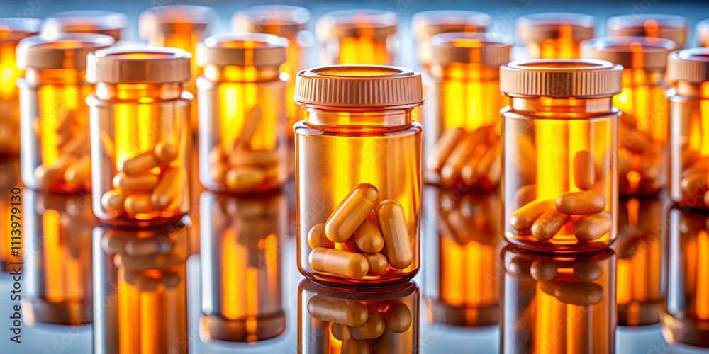Professional Tilt-Shift Photography of Oblong Orange Golden Pill Bottles Organized on Surface, Capturing the Essence of Pharmaceutical Products in a Clean Aesthetic Display Professional Tilt-Shift Photography of Oblong Orange Golden Pill Bottles Organized on Surface, Capturing the Essence of Pharmaceutical Products in a Clean Aesthetic Display