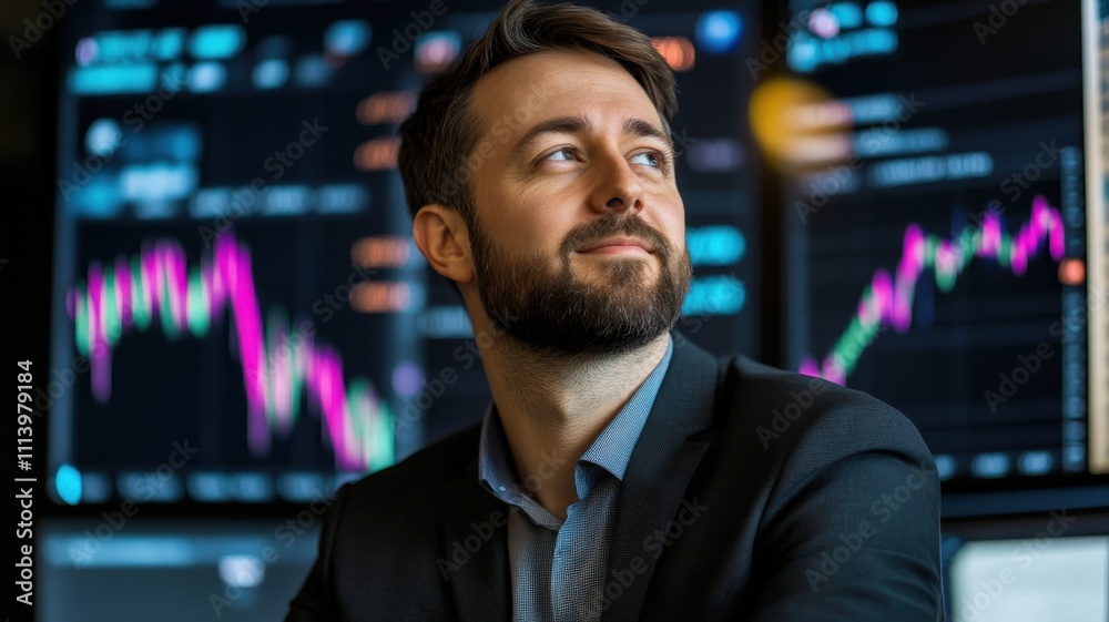 Stock market broker man 40s analyzing real-time data and charts on computer screen data optimization being reviewed by information workers Stock market broker man 40s analyzing real-time data and charts on computer screen data optimization being reviewed by information workers