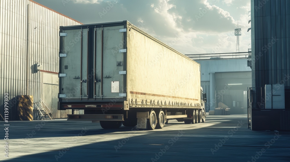 A large cargo trailer stands parked in an industrial area, ready for its next haul. The trailer's sturdy metal walls and reinforced doors protect valuable goods