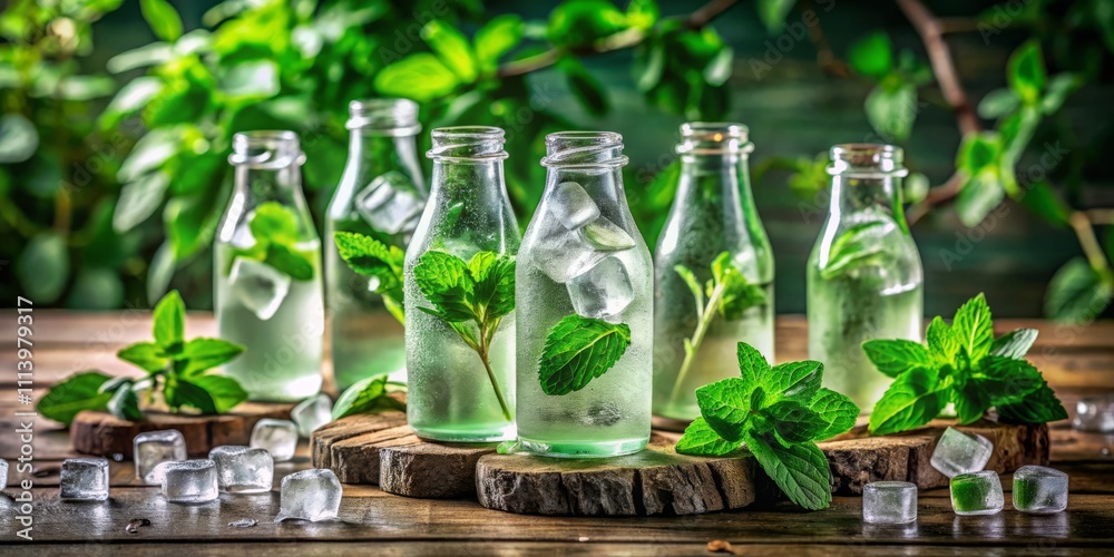 Refreshing Cold Water Infused with Ice and Mint in Glass Bottles on a Rustic Wooden Table for a Perfect Summer Vibe and Hydration Inspiration Refreshing Cold Water Infused with Ice and Mint in Glass Bottles on a Rustic Wooden Table for a Perfect Summer Vibe and Hydration Inspiration