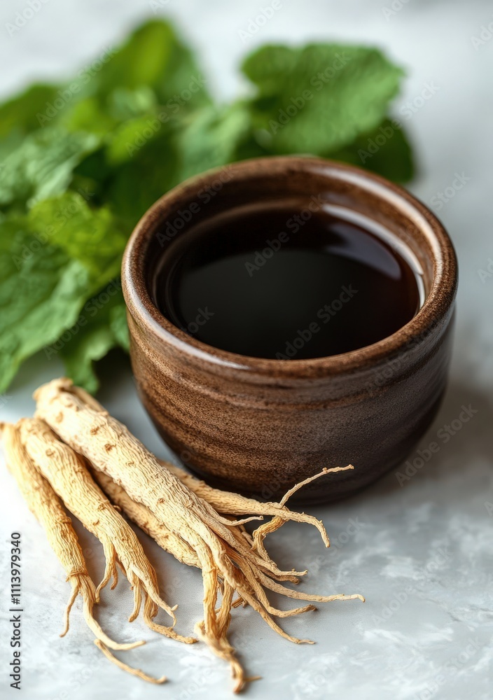 Obraz premium Close-up of a dark brown bowl filled with herbal tea, accompanied by fresh mint leaves and ginseng roots. The image evokes a sense of natural health and wellness.