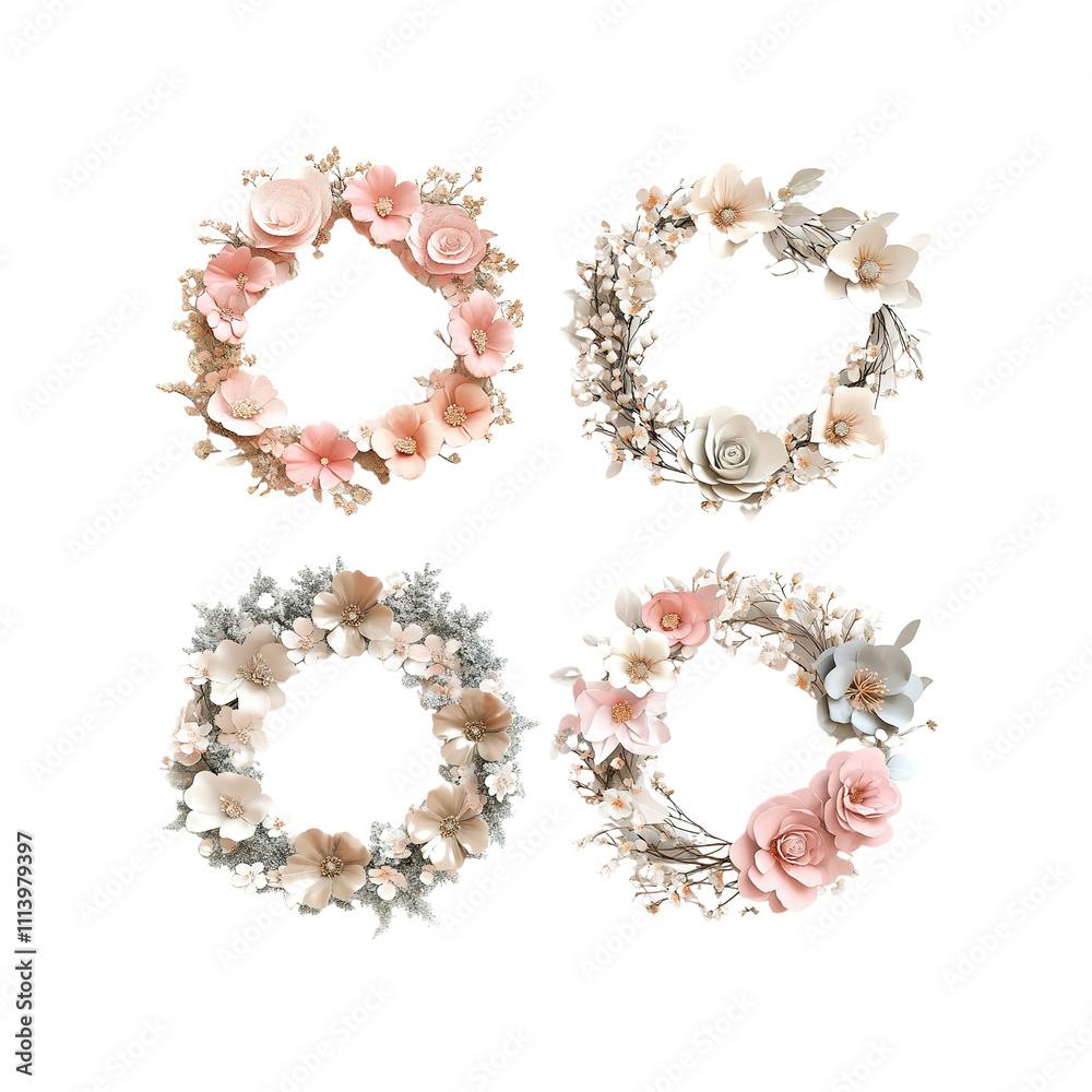 Four Elegant Paper Flower Wreaths - Pastel Pink and Gray Floral Designs Four Elegant Paper Flower Wreaths - Pastel Pink and Gray Floral Designs