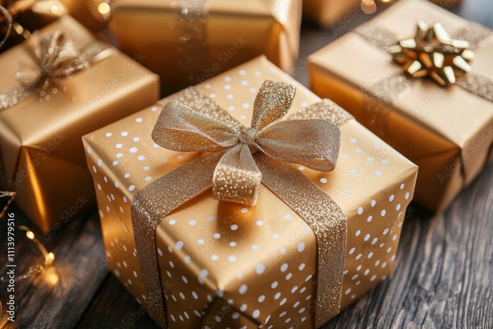hyper realistic photo of Heap of golden gift or present boxes on wooden table hyper realistic photo of Heap of golden gift or present boxes on wooden table