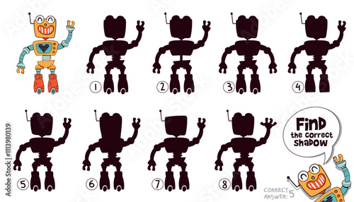 Find the correct shadow. Retro robot. Funny cartoon characters robots. Choose right silhouette. Educational game for kids. Attention task. Worksheet page. Activity book. Isolated vector illustration