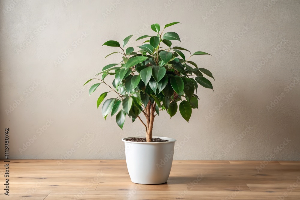 Fototapeta premium Serene Minimalist Photography of a Weeping Fig on a Simple Pot Against a Soft Neutral Background for Home Decor and Indoor Plant Aesthetics