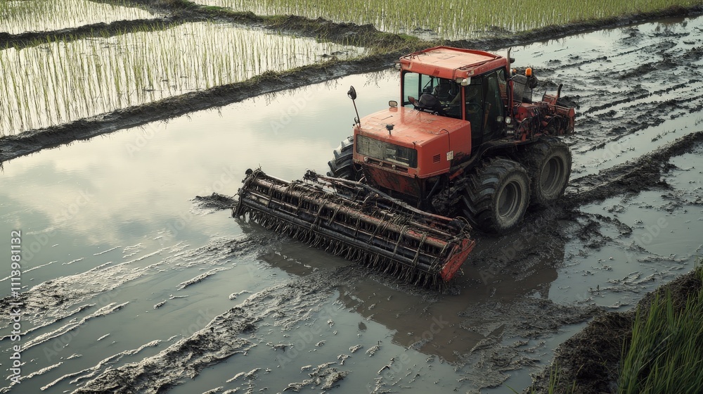 A modern rice harvester moves steadily across the flooded fields, cutting the rice plants with surgical precision. A modern rice harvester moves steadily across the flooded fields, cutting the rice plants with surgical precision.