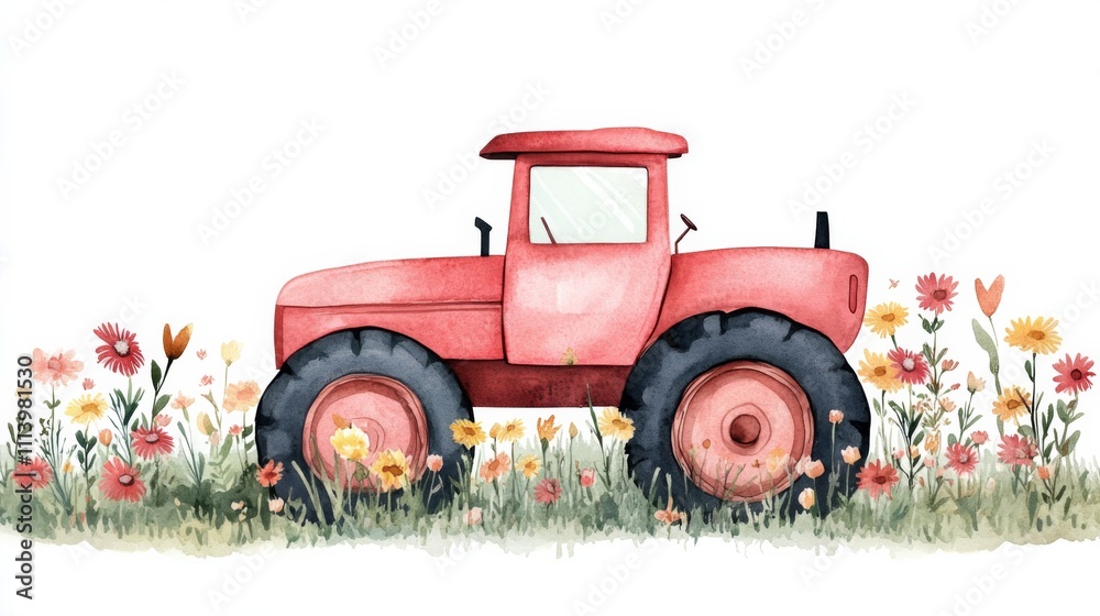Obraz premium Vintage Red Tractor in Floral Field