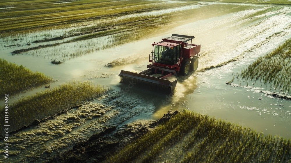 Fototapeta premium A modern rice harvester moves steadily across the flooded fields, cutting the rice plants with surgical precision.