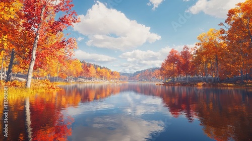 Fall foliage colors reflected in still lake water