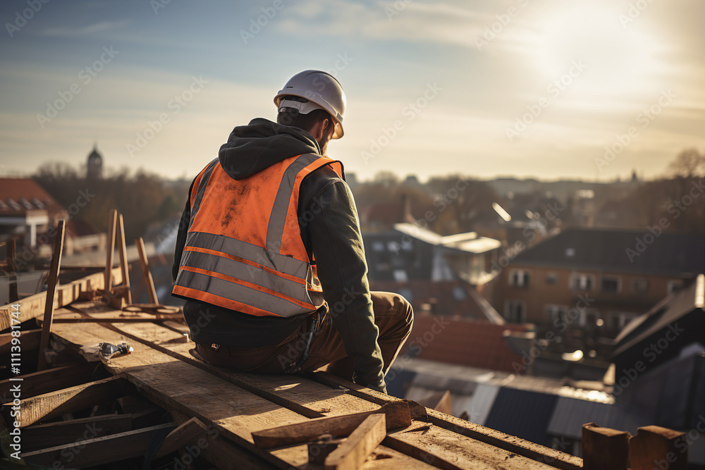 Fototapeta premium Generated by AI illustration of Construction worker install new roofing working on house building architecture