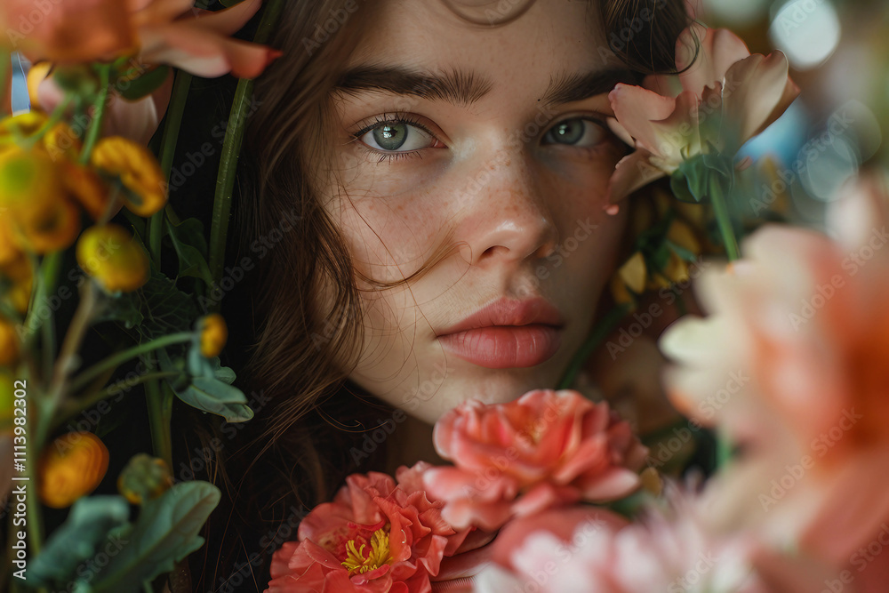 Naklejka premium Generative AI Close-Up of Woman's Eyes Among Flowers in Florist Concept