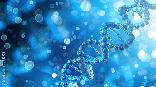 Beautiful spiral of blue DNA double helix with light bokeh and bubbles, gracefully floating on a blue background