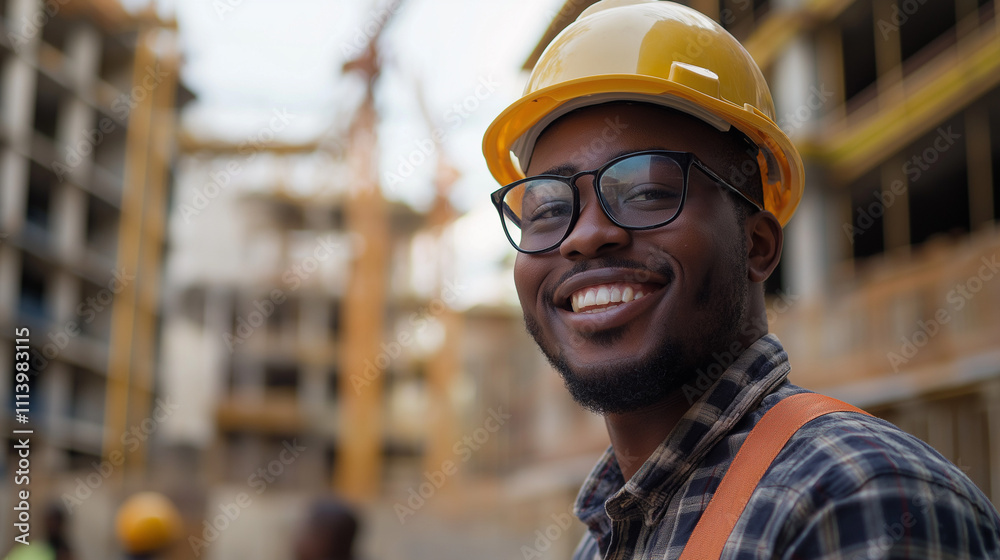 smiling man wearing glasses and a yellow hard hat. Construction site in the background smiling man wearing glasses and a yellow hard hat. Construction site in the background