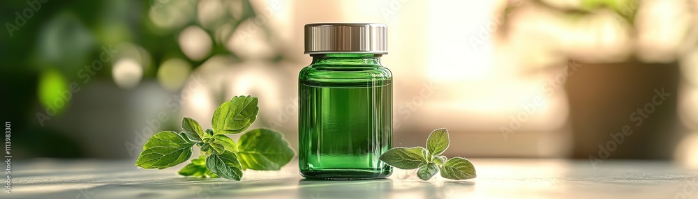 Refreshing herbal essence bottle surrounded by fresh mint leaves in a bright indoor setting Refreshing herbal essence bottle surrounded by fresh mint leaves in a bright indoor setting
