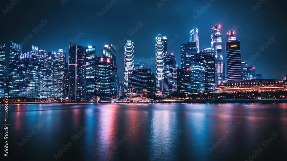 Fototapeta premium Captivating Cityscape of Singapore's Iconic Skyline at Night