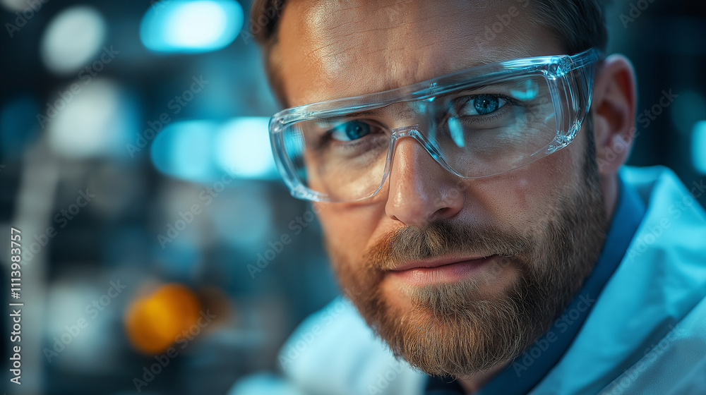 man wearing safety glasses and a lab coat, looking directly at the camera man wearing safety glasses and a lab coat, looking directly at the camera