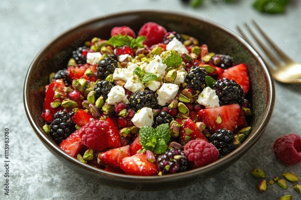 Feta and pistachio topped berry salad Feta and pistachio topped berry salad