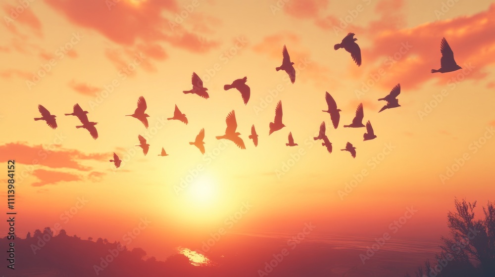 Birds Silhouetted Against a Vibrant Sunset Sky Birds Silhouetted Against a Vibrant Sunset Sky