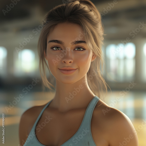 young woman with light brown hair and a light teal top, smiling