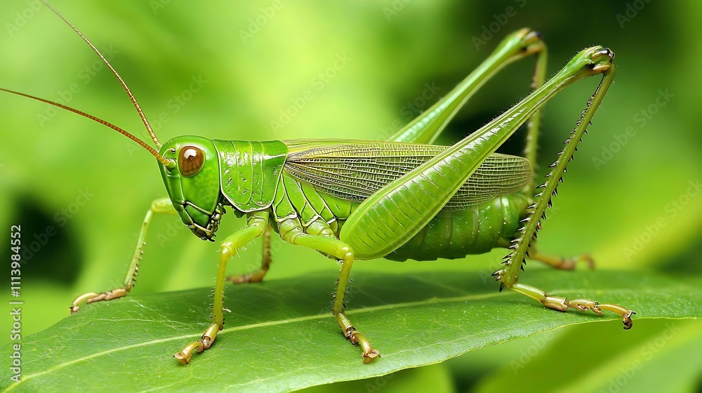 Vibrant Green Grasshopper Perched on a Leaf Vibrant Green Grasshopper Perched on a Leaf