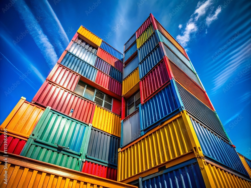 Fototapeta premium Stacked Shipping Containers Against a Bright Blue Sky: A Stunning Architectural Perspective Showcasing Sustainable Structures in Urban Environments