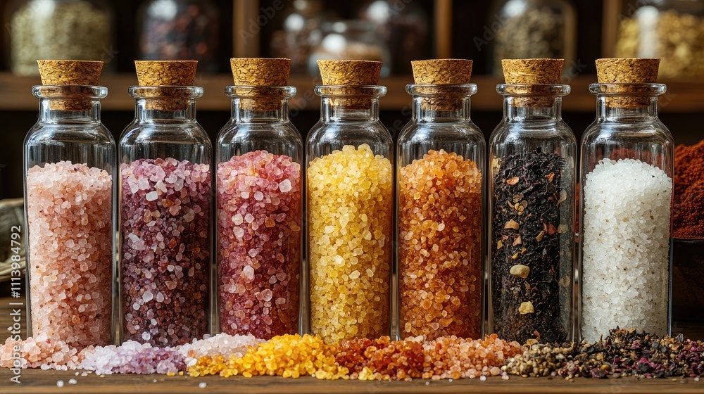 A collection of colorful spice jars showcasing various salts and spices for culinary use. A collection of colorful spice jars showcasing various salts and spices for culinary use.