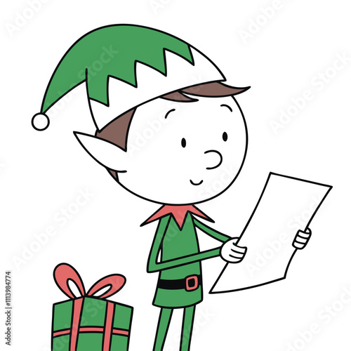 Santa Claus's elf with a list of Christmas presents. 