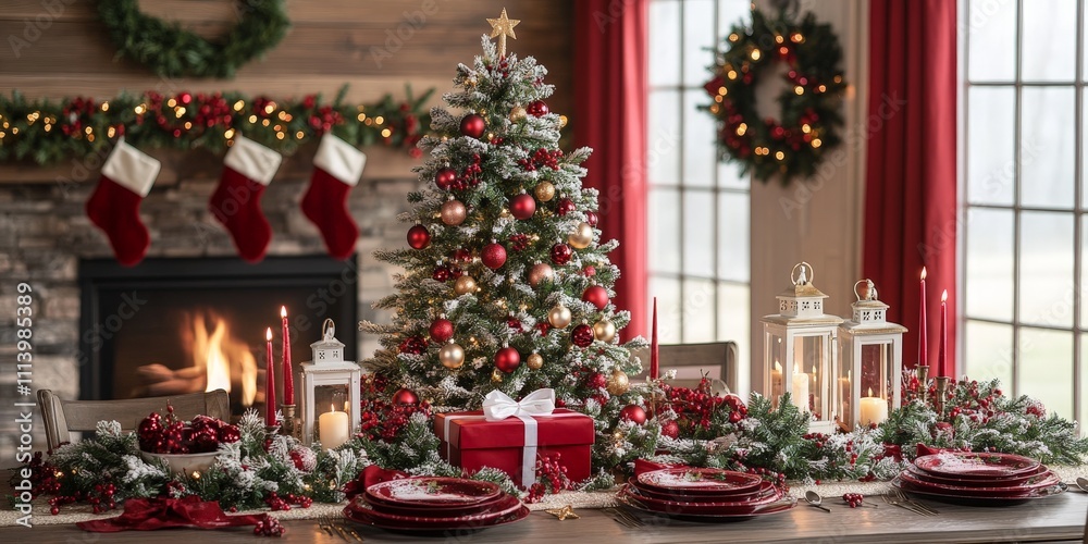 Luxurious Red and Gold Christmas Tree with Festive Decor Luxurious Red and Gold Christmas Tree with Festive Decor