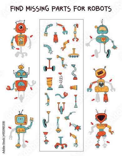 Find missing parts for the robots. Pick the right part. Funny cartoon characters. Educational game for kids. Attention task. Worksheet page. Activity book. Vector illustration. Isolated background