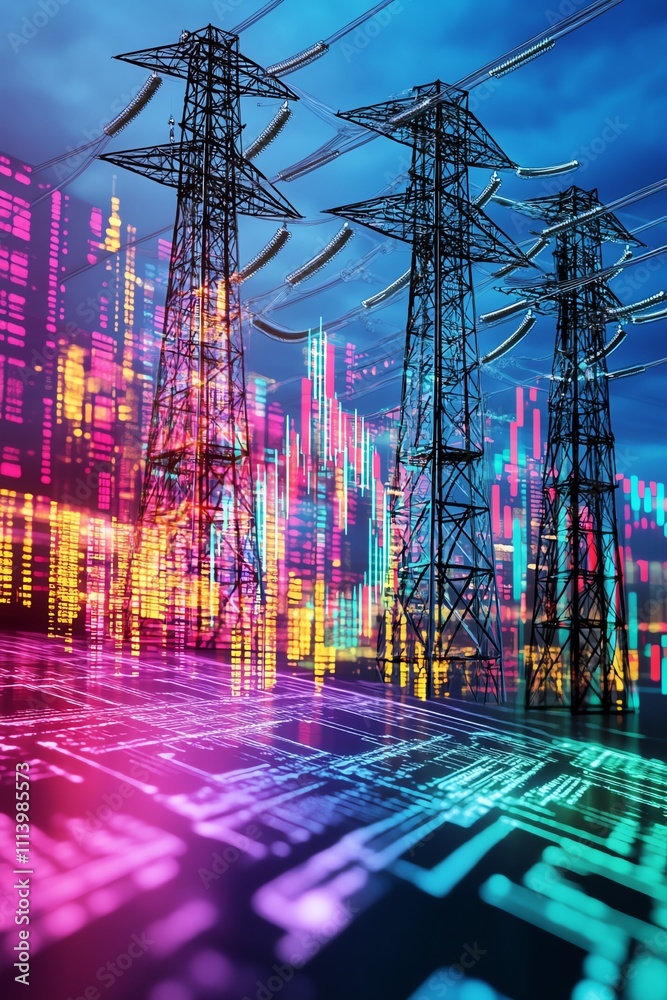 Futuristic power grid visual with colorful data overlay and electrical towers.