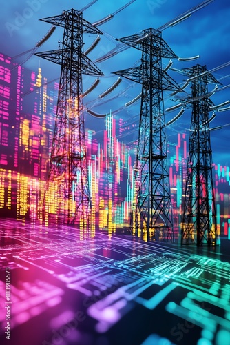 Obraz na płótnie Futuristic power grid visual with colorful data overlay and electrical towers. w salonie