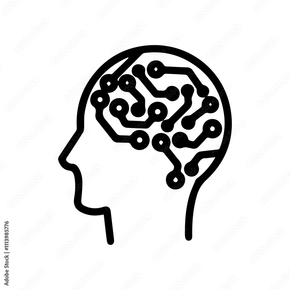 Line art illustration of a human head with a circuit board brain. Symbolizes AI, machine learning, and digital intelligence. Perfect for tech, science, innovation, future, and concept designs Line art illustration of a human head with a circuit board brain. Symbolizes AI, machine learning, and digital intelligence. Perfect for tech, science, innovation, future, and concept designs
