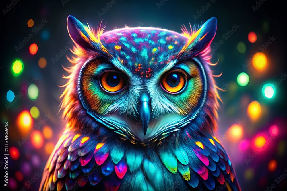 Stunning Portrait of an Owl in Vibrant Neon Colors with Rule of Thirds Composition for Eye-Catching Visual Impact in Wildlife Photography Stunning Portrait of an Owl in Vibrant Neon Colors with Rule of Thirds Composition for Eye-Catching Visual Impact in Wildlife Photography