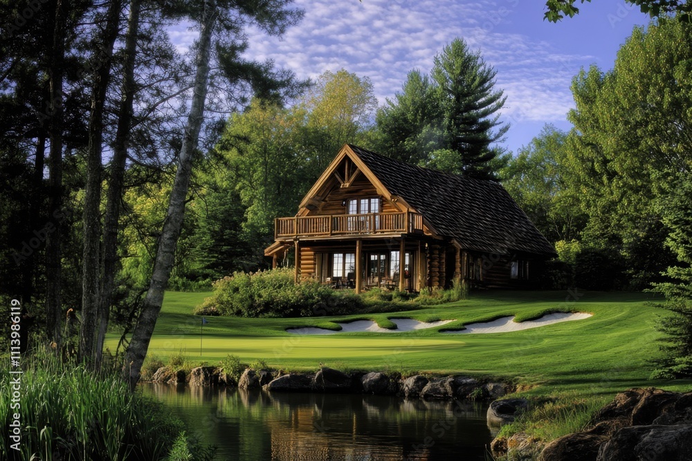 Beautiful log cabin by the lake surrounded by lush greenery and trees Beautiful log cabin by the lake surrounded by lush greenery and trees