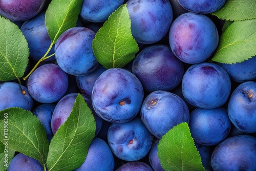 Fresh plums top close up view Macro shot of D Agen prunes with leaves Blue plum texture background photo